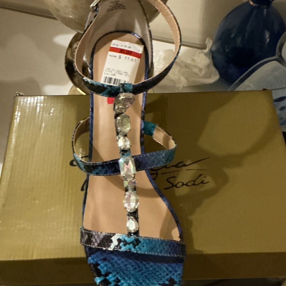 Thalia Sodi Blue and Black Snakeskin Heels